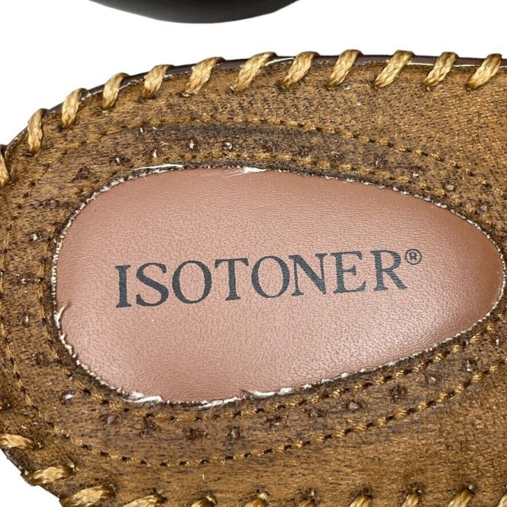 Isotoner Brown Leather Braided Detail Slip On Wedge Heel Sandals Slides Size 8.5 - Picture 11 of 12